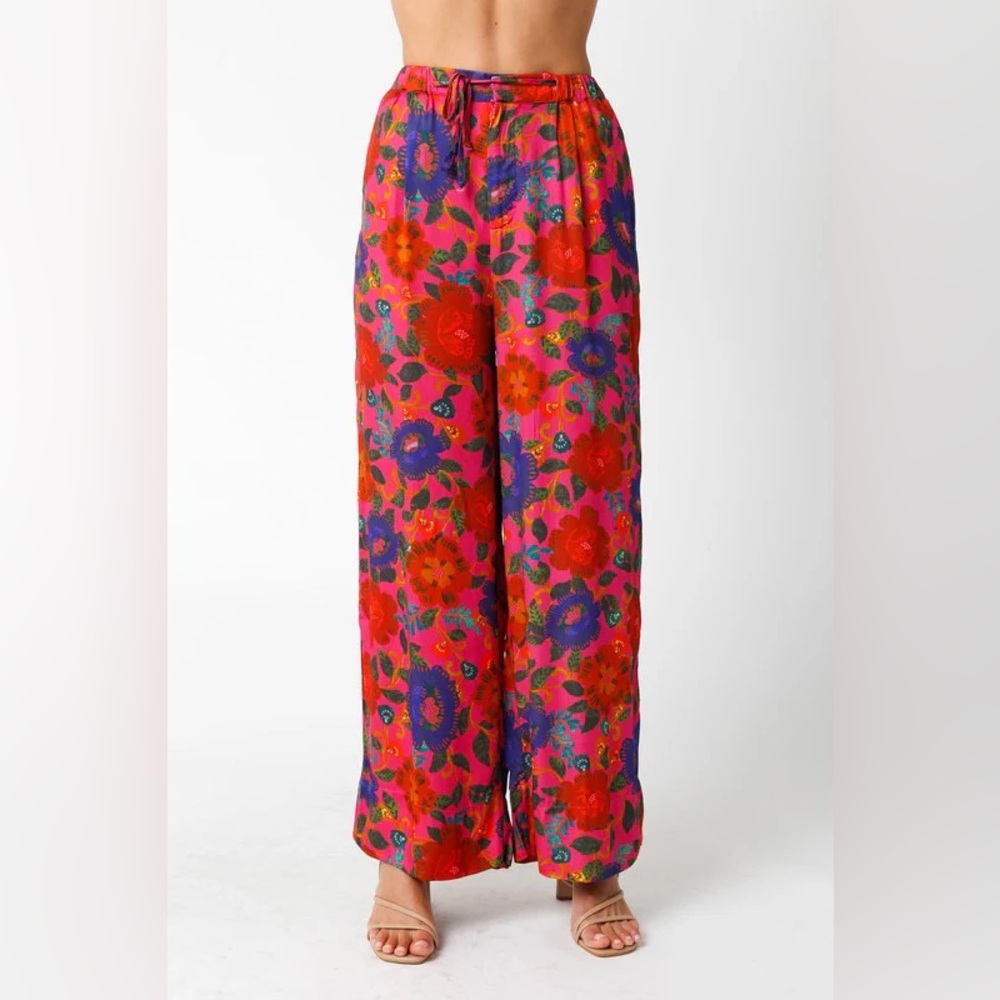 NWT Olivaceous Pink Red Blue Floral Wide-Leg Pants Sz S - Picture 2 of 9